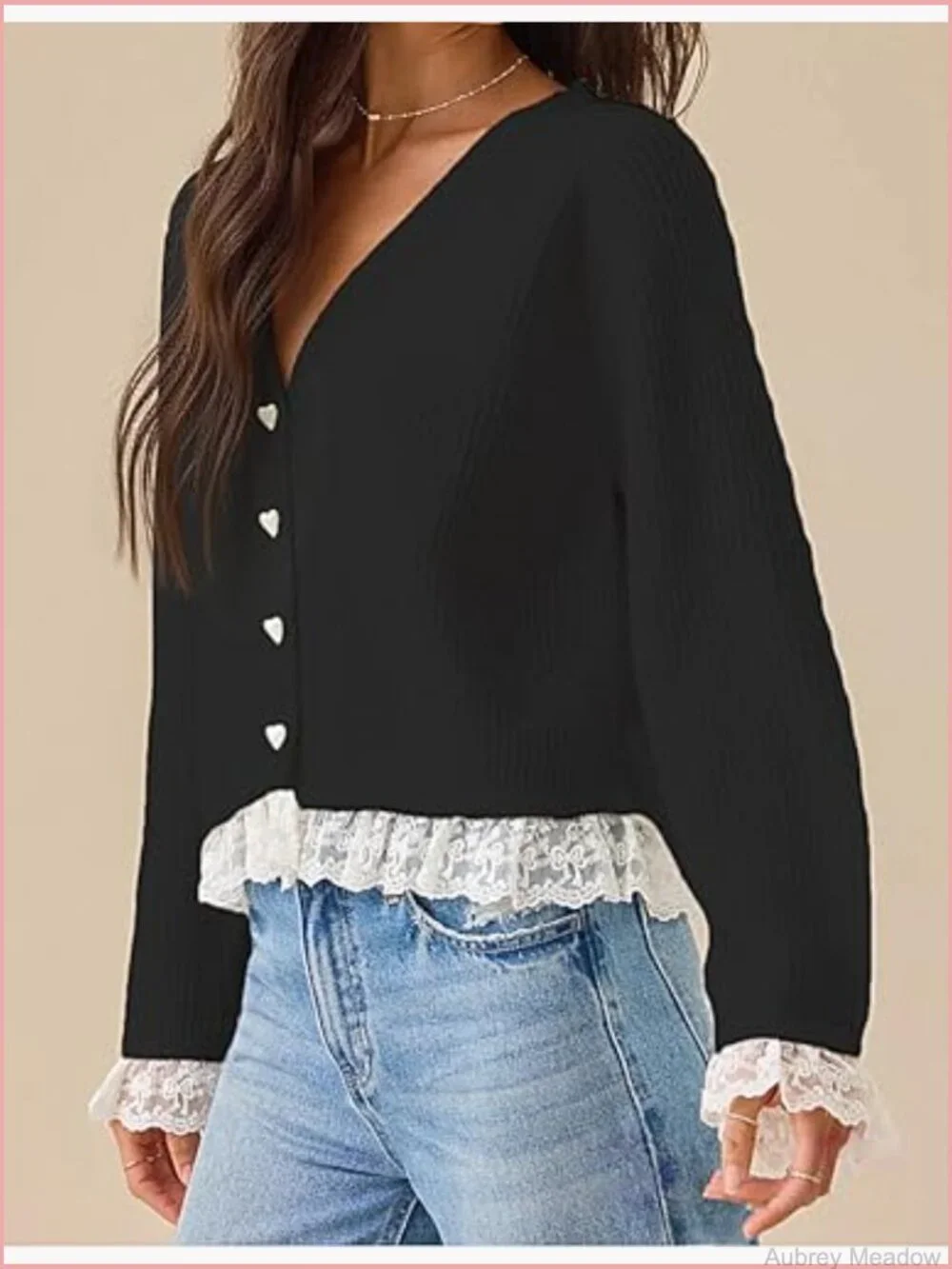 V-Neck Lace Trim Cardigan Heart Button Front Knit Sweater Open Long Sleeve - Picture 3 of 4